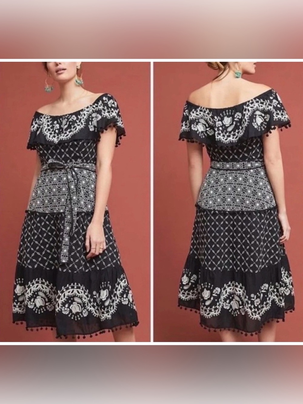 NWOT Anthropologie Marisol Black & White Off-Shoulder Embroidered Dress Sz 4